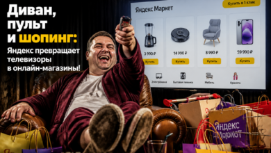 Телевизор с интерфейсом Яндекс и предметами интерьера, символизирующими онлайн-шопинг.